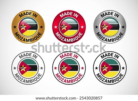 Made in Mozambique label icon with flag. Icon set for business, badge, seal, sticker, logo, and symbol