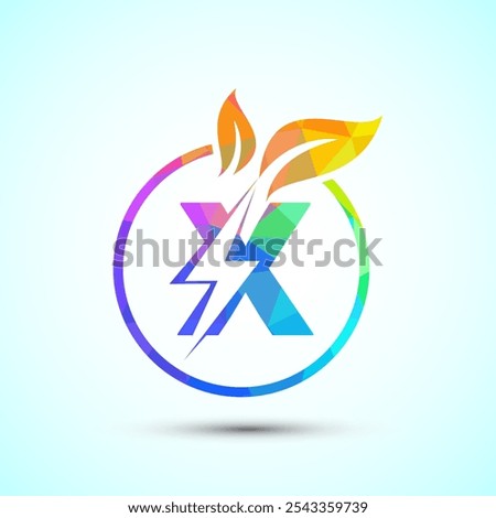 English alphabet X with thunderbolt and leaf. Eco energy saver icon, Nature power electric logo