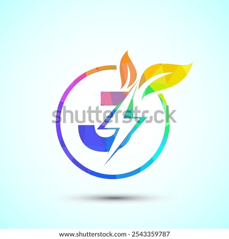 English alphabet J with thunderbolt and leaf. Eco energy saver icon, Nature power electric logo