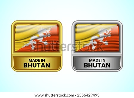 Made in Bhutan label icon in gold and silver color. Flag icon set for business