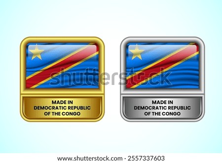 Made in Democratic Republic of the congo label icon in gold and silver color. Flag icon set for business