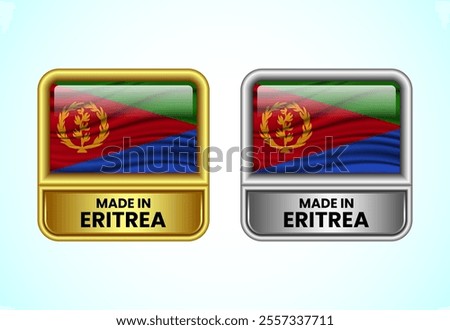 Made in Eritrea label icon in gold and silver color. Flag icon set for business