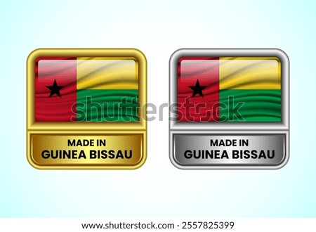 Made in Guinea Bissau label icon in gold and silver color. Flag icon set for business