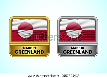 Made in Greenland label icon in gold and silver color. Flag icon set for business