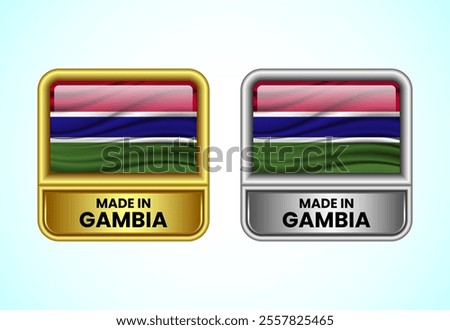 Made in Gambia label icon in gold and silver color. Flag icon set for business