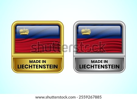 Made in Liechtenstein label icon in gold and silver color. Flag icon set for business