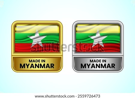 Made in Myanmar label icon in gold and silver color. Flag icon set for business