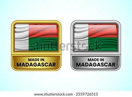 Made in Madagascar label icon in gold and silver color. Flag icon set for business