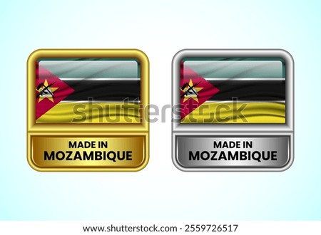 Made in Mozambique label icon in gold and silver color. Flag icon set for business