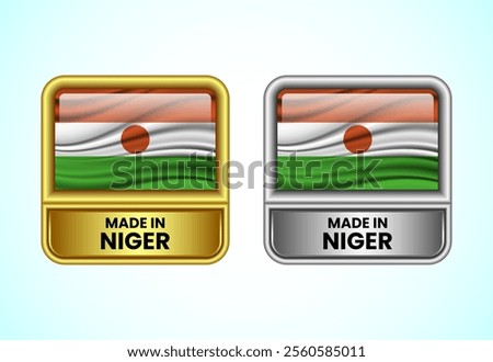 Made in Niger label icon in gold and silver color. Flag icon set for business