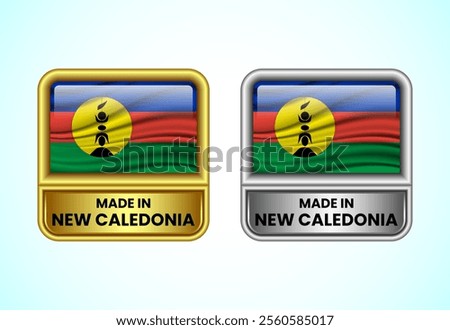 Made in New Caledonia label icon in gold and silver color. Flag icon set for business