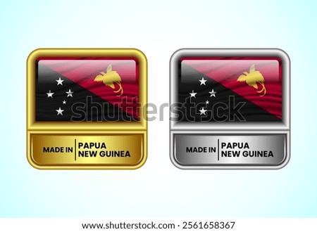 Made in Papua New Guinea label icon in gold and silver color. Flag icon set for business