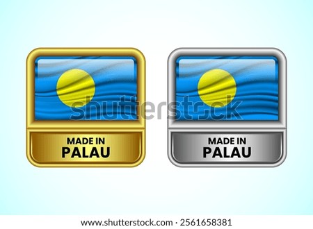 Made in Palau label icon in gold and silver color. Flag icon set for business