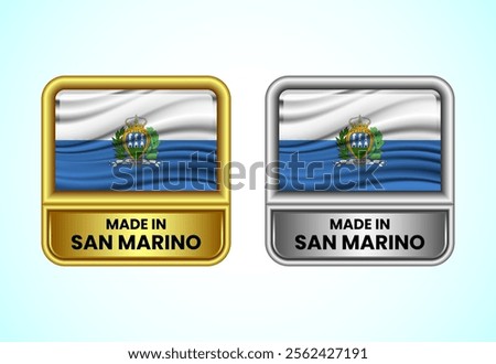 Made in San Marino label icon in gold and silver color. Flag icon set for business