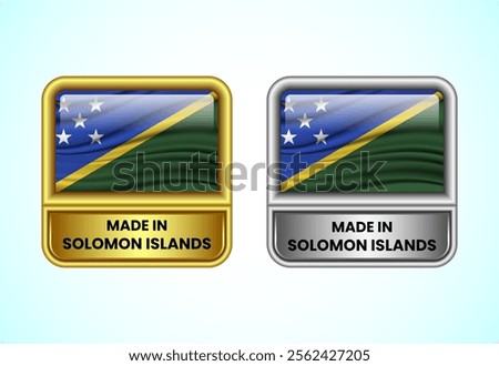 Made in Solomon Islands label icon in gold and silver color. Flag icon set for business