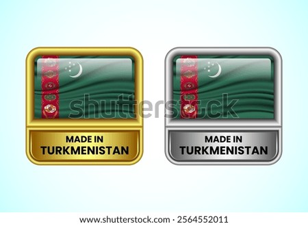 Made in Turkmenistan label icon in gold and silver color. Flag icon set for business