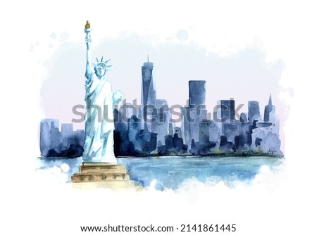 watercolor illustration. Statue of Liberty
Manhattan, New York City