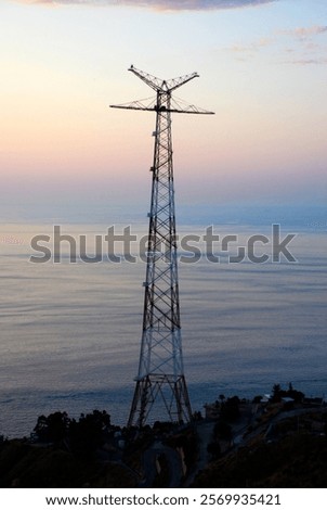 Image, Stock Photo Electric pylon in front of dramatic cloudy sky b/w photo