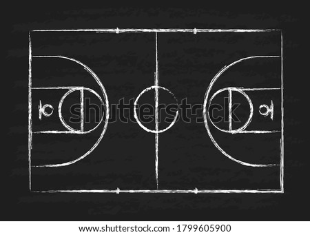 Outline of lines chalk on basketball court, isolated on black  background. Concept strategy tactics. Vector illustration.