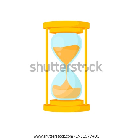 Golden hourglass  isolated on white background. Vintage sandglass with sand inside to measure time. Cartoon flat design. Vector illustration.