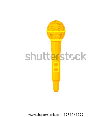 Golden classic microphone, icon isolated on background. Old gold mic for karaoke, music, sound, voice. Cartoon detailed flat design. Vector illustration.