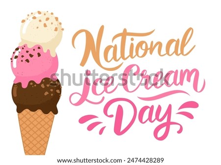 National Ice Cream Day greeting card. A waffle cone with various balls of fruit ice cream. Creamy, vanilla, chocolate, berry, gelato or sorbet. Template for background, banner, postcard, poster