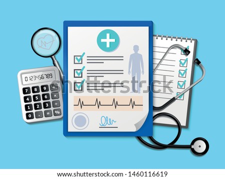 Medical research report or contract vector, flat cartoon health or medical paper record or insurance document on the desktop from above, medicine concept checklist,.