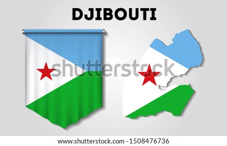 Realistic pennant and map with flag of Djibouti on a gray background
