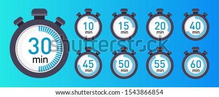 Vector stopwatch icons set 10, 15, 20, 30, 40, 45, 50, 55, 60 minutes. Stopwatch icon in flat style, timer on a colored background
