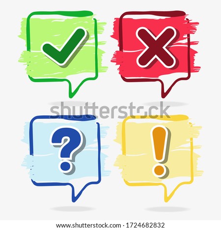 Clored comic flags with check, alert and cancel. Information icons. Illustration of a tooltip icon set. Tick, cross, question mark, exclamation mark. Check, alert and remove icons. Safety symbols
