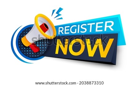 Register now badge vector isolated on white. An ad button with a speaker. Register now to receive a vector banner. Free registration in megafon.Loudspeaker vector banner. Register now ribbon tag.
