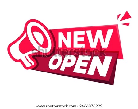 Vector Illustration Now Open Sign With Megaphone. Promotion new business sign. Welcome advertising symbol. Now open chat speech message.
