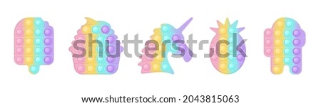 Set of 5 forms pop it a fashionable silicon toys for fidgets. Addictive anti-stress toy in pastel colors. Bubble sensory developing popit for kids. Vector illustration isolated on a white background.