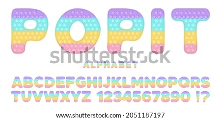 Popit font design - alphabet and numbers set in style of trendy silicon fidget toys. Pop it toy for fidget in pastel colors. Bubble sensory letters as popit. Isolated cartoon vector illustration.