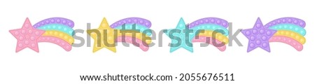 Set of popit stars with a rainbow tail in style a fashionable silicon fidget toys. Antistress toy in pastel colors - pink, blue, yellow, purple. Bubble sensory pop it. Isolated vector illustration.