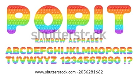 Popit font design - alphabet and numbers set in style of trendy silicon fidget toys. Pop it toy for fidget in bright colors. Bubble sensory letters as popit. Isolated cartoon vector illustration.