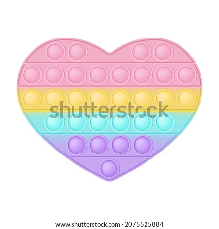 Popit figure heart as a fashionable silicon toy for fidgets. Addictive anti stress toy in pastel rainbow colors. Bubble anxiety developing pop it toys for kids. Vector illustration isolated on white.
