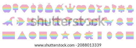 Big set of popit birthday, dinosaur and various forms pop it a trendy pastel fidget toys. Addictive anti stress toy in pastel rainbow colors. Bubble sensory fashionable toy. Vector illustration.