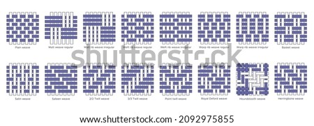 Fabric weave types sample - plain, rib, basket, satin.Woven swatches of twill, oxford, houndstooth and herringbone for textile education. Vector illustration in flat icon style with editable stroke. Stock foto © 