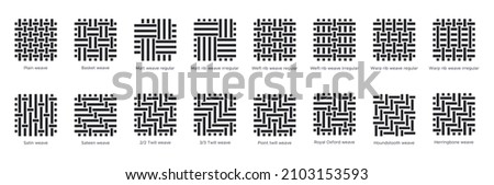 Fabric sample flat line icons set. Weave types - plain, rib, basket, satin. Woven swatches of houndstooth, twill, herringbone, and oxford. Vector illustration in flat icon style with editable stroke. Stockfoto © 