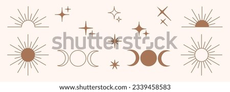 Modern minimalist aesthetic line element set in trendy boho style. Modern Y2K linear and silhouette vector design outline elements - geometric form sun, moon, star, sparkle, for banner, social media