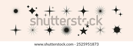 Set of shiny sparkle, star and sun shapes. Abstract vector glow, explosion and blink effects for celebrate party design. Twinkle glitter and flash graphic elements. Isolated illustrations.