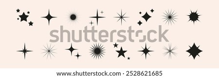 Set of shiny star, sparkle, sun shapes. Abstract vector glow, explosion and blink effects for celebrate party design. Twinkle glitter and flash graphic elements. Isolated illustrations.