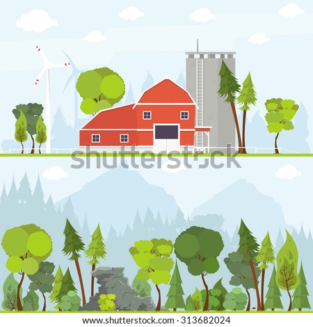Village landscape. flat farm landscape. Forest landscape in a flat style. Farm building. Vector illustration in trendy flat style.