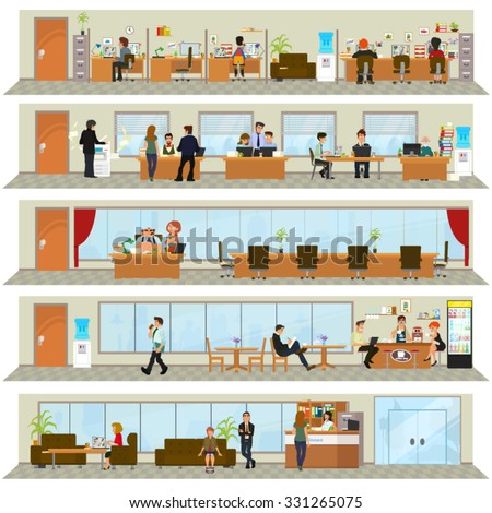 workday in an office building. People in the interior of the building in different poses and situations. Vector illustration.