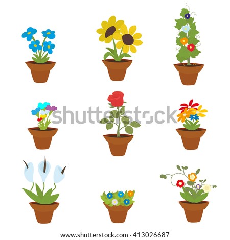 Spring Flowers In Pots, Isolated On White Background, Vector Illustration