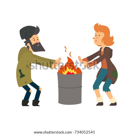 the homeless man and woman are warming themselves near the fire. vector illustration