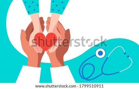 The hands of the pediatrician doctor and the hands of the child hold the heart. Medical care concept for children. Banner design. Stock vector illustration.