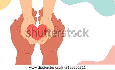 The hands of an adult and a child hold a heart. The concept of hope and love, volunteering. Vector stock illustration in flat style.