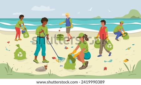 Volunteer people clean up trash and waste on the beach. The concept of environmental development, sustainable climate. Vector stock illustration.